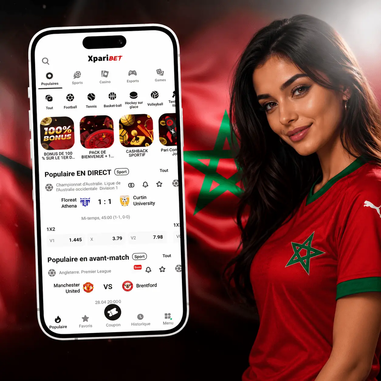 Interface de l'application mobile Xparibet en français au Maroc avec les paris sportifs, le casino et les paris en direct